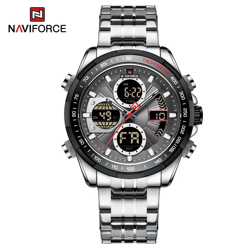 NAVIFORCE Top Brand Luxury Classic Men Watch Quartz Digital Male Clock Military Sport Silver Stainless Steel Man Wristwatch 9197
