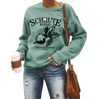 Schrute Farms Bed Breakfast Print Sweatshirts Women Crewneck Hoodies Jumper Pullover Radish Graphic Casual Female Sweatshirt