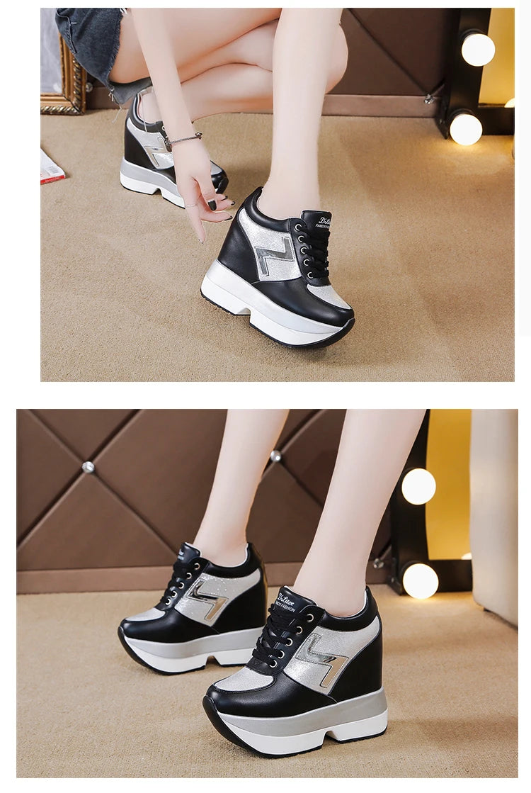 Fashion White Sneakers Women's High Platform Casual Shoes Height Increasi Leathe Shoes 10 CM Thick Sole Trainers Tennis Sports
