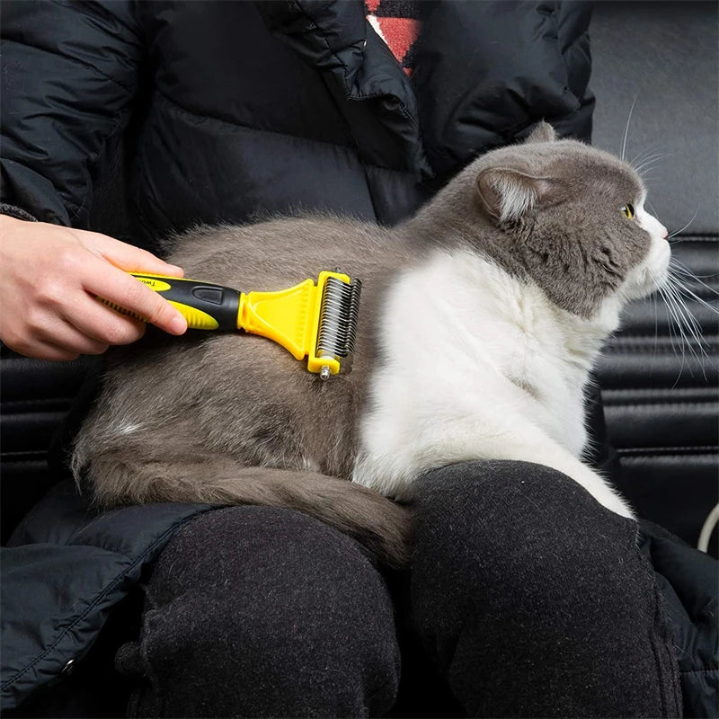 Cepillo de aseo de acero inoxidable para mascotas, de dos caras, para quitar el pelo suelto y desenredar la capa interna, peine rastrillo para perros y gatos, elimina nudos y enredos fácilmente.