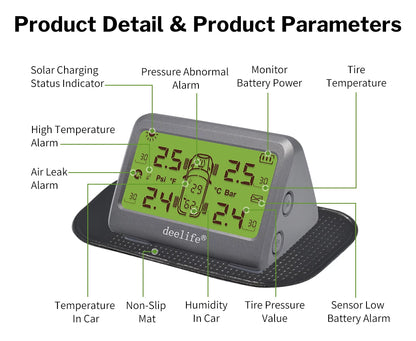 Deelife Car Tire Pressure Monitoring System Solar TPMS Tire Pressure Monitor Tire Pressure Control System