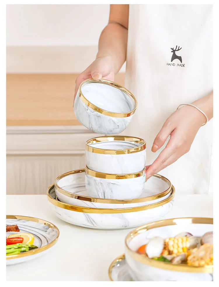 New Double-sided Gilt Rim Gray Marble Pattern Gilt Rim Porcelain Dinner Plate Set  Salad Noodles Bowl Ceramic Tableware