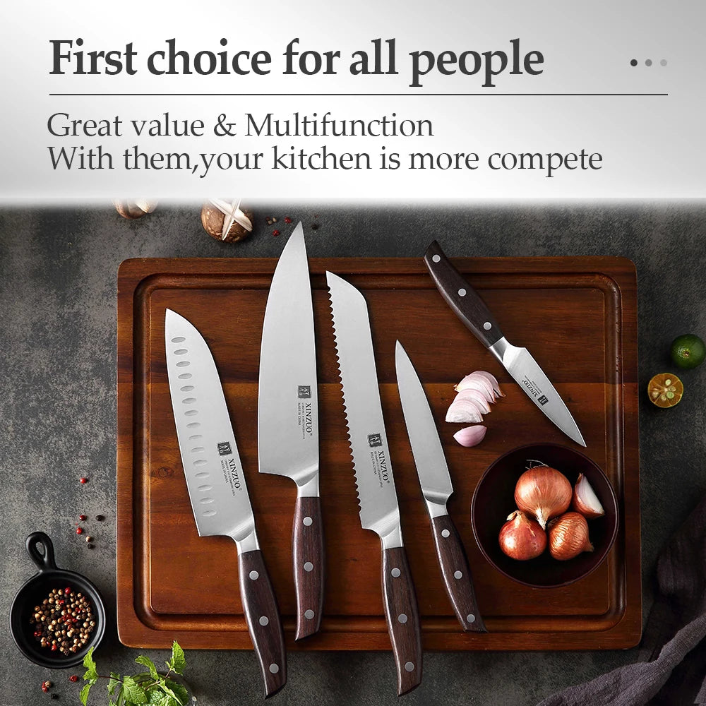 XINZUO High Carbon Germany 1.4116 Stainless Steel 5PCS Kitchen Knife Set High Quality Red Sandalwood Handle Cooking Slicing Tool