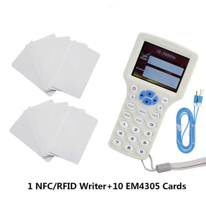 Lector/escritor RFID de 10 frecuencias, copiadora, duplicadora IC/ID con cable USB para tarjetas de 125 Khz y 13,56 Mhz, duplicadora de pantalla LCD.