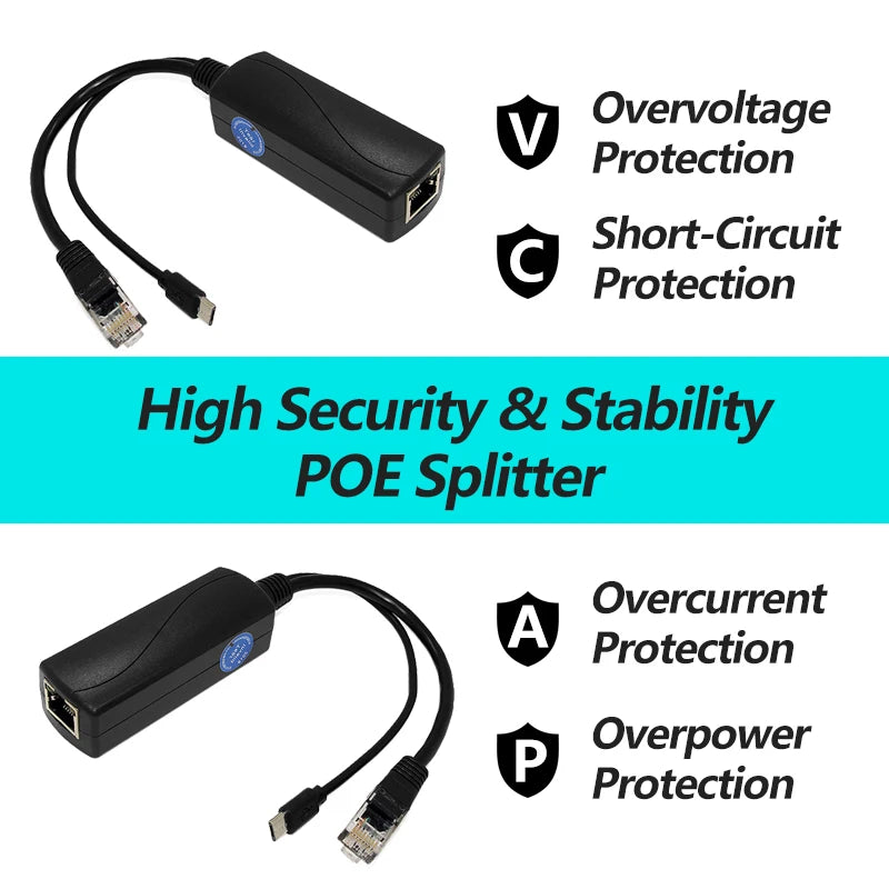 Revotech Gigabit PoE Splitter Micro USB/Type-C/DC IEEE 802.3af 10/100/1000Mbps Power over Ethernet for IP Camera / Raspberry PI