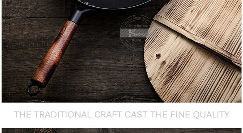 Konco Pure Iron wok cast iron pan Non-coated Pot General use for Gas and Induction Cooker 32cm Chinese Wok Cookware Pan