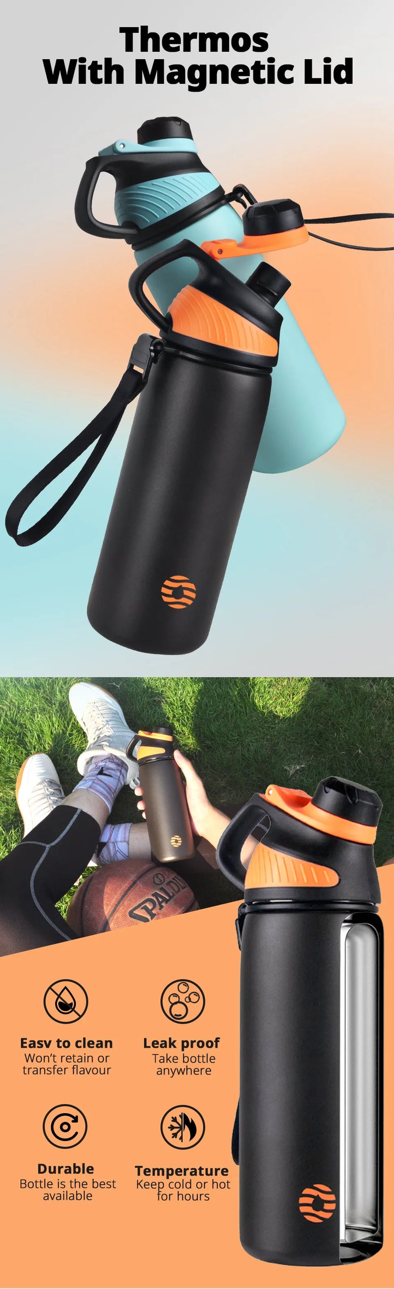 FEIJIAN LKG Thermos Double Wall Vacuum Flask With Magnetic Lid Outdoor Sport Water Bottle Stainless Steel Thermal Mug Leak Proof