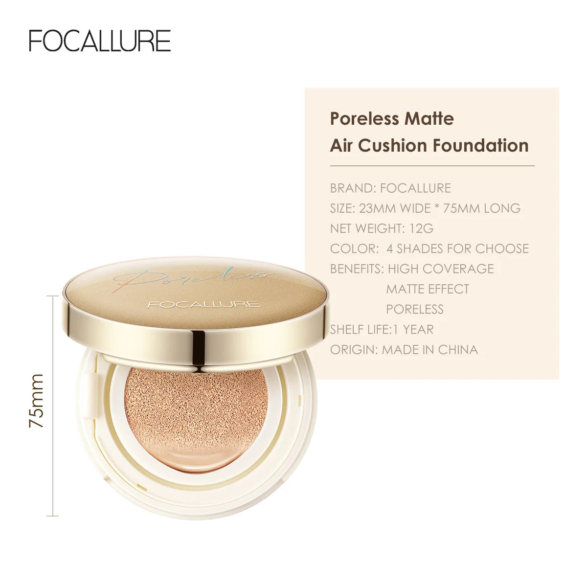 FOCALLURE Air Cushion Poreless BB Cream Resistente al agua Corrector facial iluminador de larga duración Base mate Cosméticos con borla