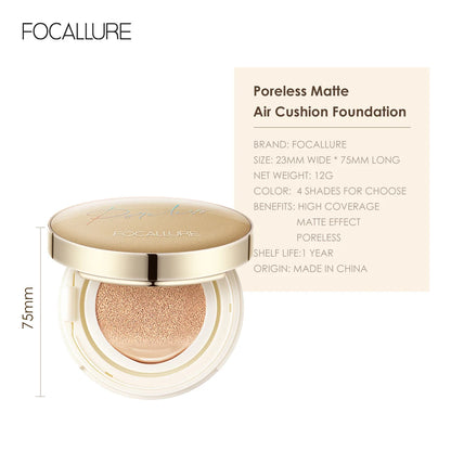 FOCALLURE Air Cushion Poreless BB Cream Resistente al agua Corrector facial iluminador de larga duración Base mate Cosméticos con borla