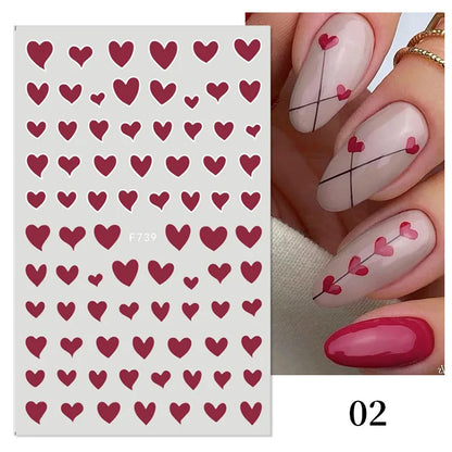1Sheet 3D Red Heart Laser Nail Sticker Black Letter Star Line Self-Adhesive Slider Valentine's Day Series Nail Decals Decoration