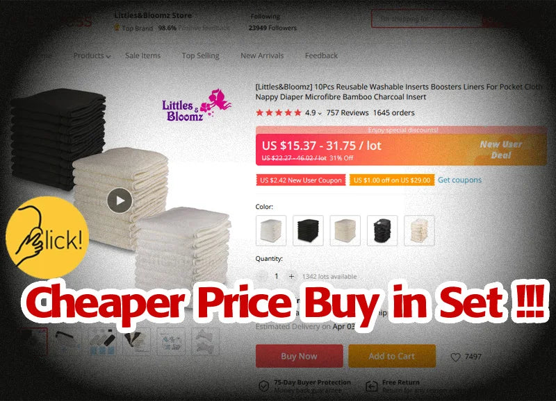 [Littles&amp;Bloomz] Insertos lavables reutilizables, protectores de refuerzo para pañales de tela de bolsillo real, inserto de microfibra de carbón de bambú