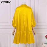 Plus Size 5XL VONDA 2024 Summer Dress Bohemian Women Short Lantern Sleeve Satin Mini Vestido V Neck Solid Elegant Party Sundress