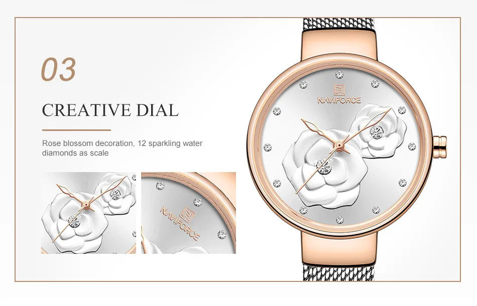 Reloj para mujer NAVIFORCE, marca de lujo superior, malla de acero, resistente al agua, relojes para mujer, reloj de pulsera femenino de cuarzo con flores, reloj encantador para chica.