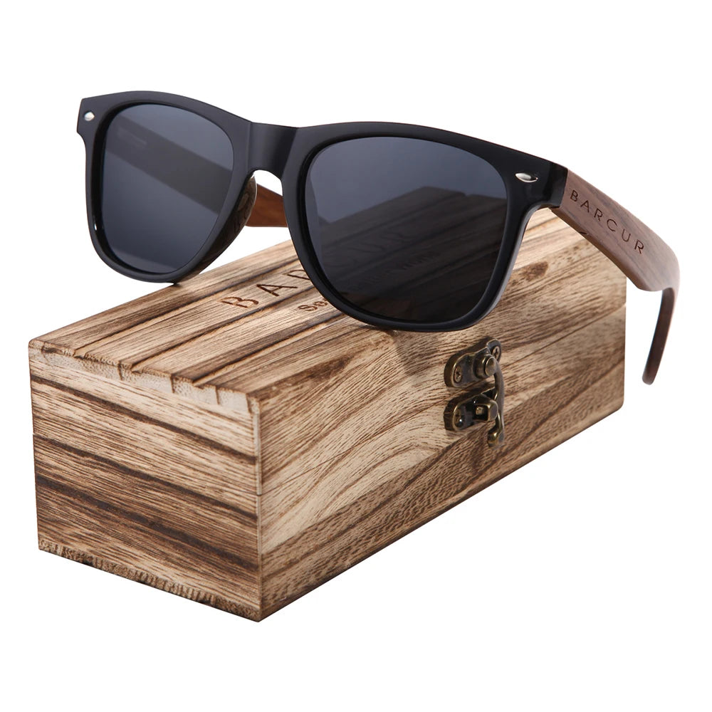 BARCUR Black Walnut Wood Sunglasses for Man Polarized High Quality Sqare Sun Glasses Men UV400 Eyewear Accessory Original Box