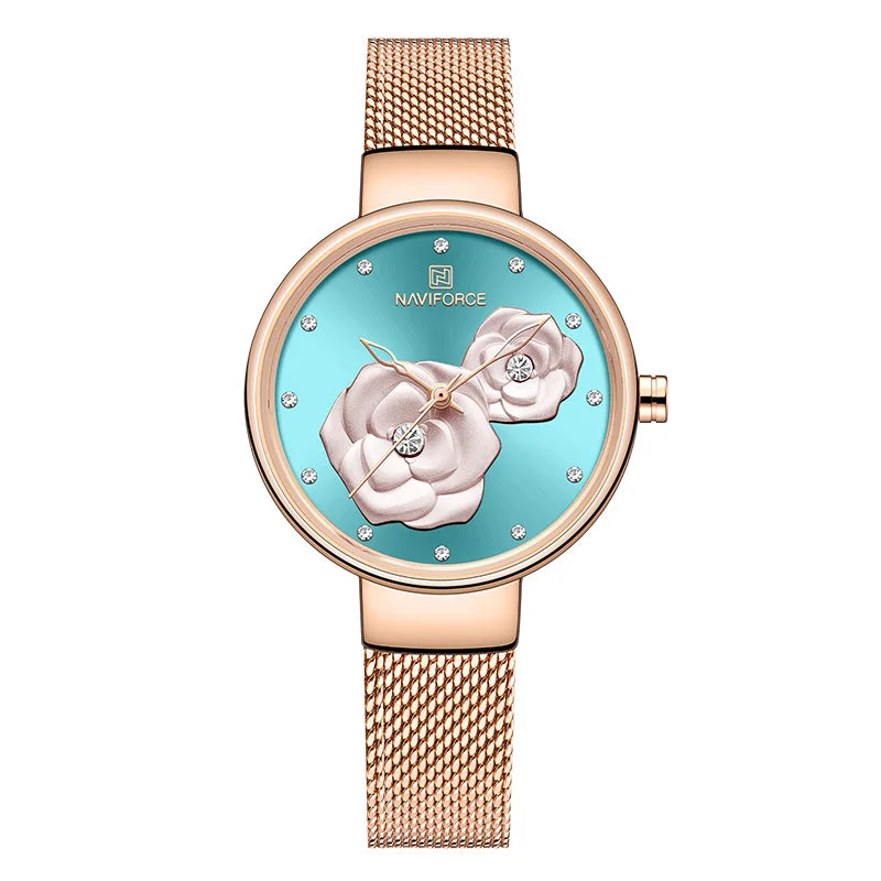 Reloj para mujer NAVIFORCE, marca de lujo superior, malla de acero, resistente al agua, relojes para mujer, reloj de pulsera femenino de cuarzo con flores, reloj encantador para chica.
