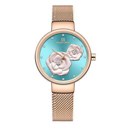 Reloj para mujer NAVIFORCE, marca de lujo superior, malla de acero, resistente al agua, relojes para mujer, reloj de pulsera femenino de cuarzo con flores, reloj encantador para chica.