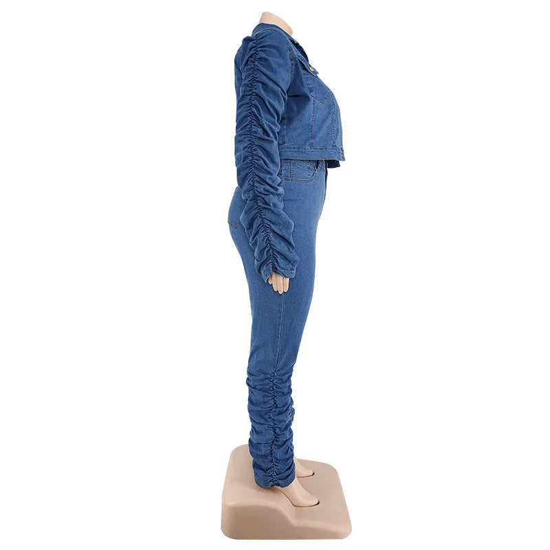 Plus Size Women's Two Piece Set Fall Outfits Long Sleeve Denim Coat and Jeans Stacked Pant Dropshipping Wholesale