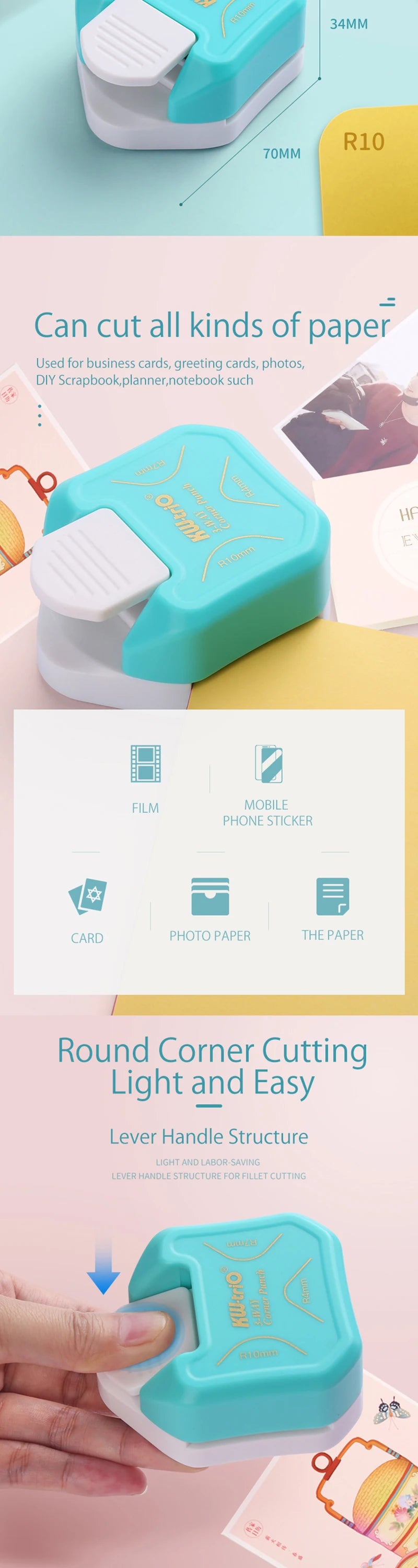 3-in-1 Corner Rounder Border Punches for Scrapbooking Diy Mini Corner Cutter R4/R7/R10mm Circle Trimmer Punch Office Supplies