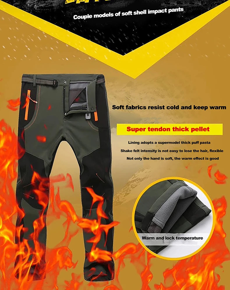 LNGXO Thick Warm Fleece Hiking Pants Men Winter Waterproof Windproof Outdoor Soft Shell Rain Trousers Trekking Camping Ski Pants