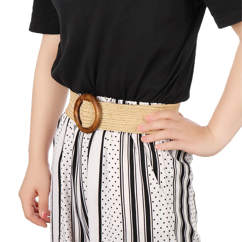 1PC Women Fashion Casual Straw Belt Round Wooden Buckle Elastic Waist Chain Belly Necklace Body Jewelry Dress Shirt Accessories