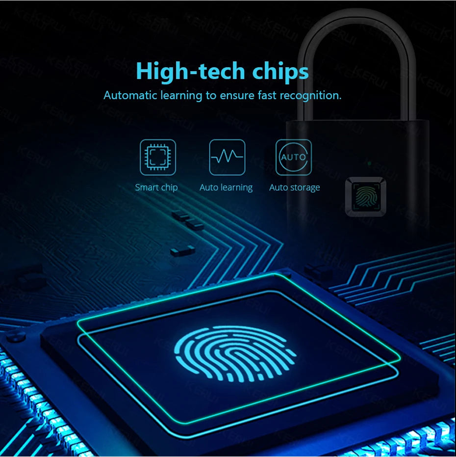 KERUI Smart Fingerprint Padlock Waterproof Fingerprint Keyless Door Lock Type C Rechargeable Security Padlock for House