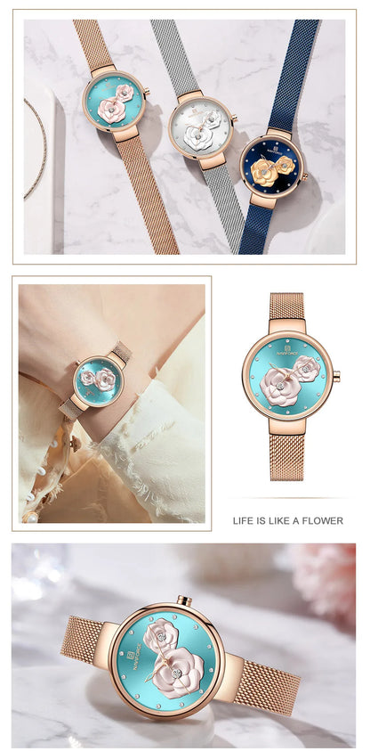 Reloj para mujer NAVIFORCE, marca de lujo superior, malla de acero, resistente al agua, relojes para mujer, reloj de pulsera femenino de cuarzo con flores, reloj encantador para chica.