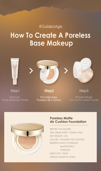 FOCALLURE Air Cushion Poreless BB Cream Resistente al agua Corrector facial iluminador de larga duración Base mate Cosméticos con borla