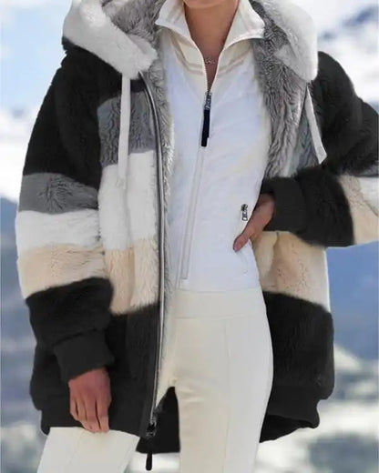 Women Fall Winter Warm Plush Hooded Coat Contrast Color Long Sleeve Zip Up Thick Cardigan Jacket 2021 E-Girls Streetwear Outwear