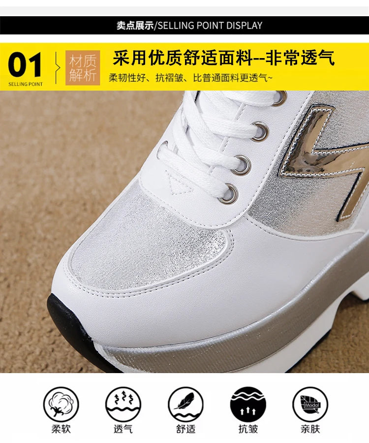 Fashion White Sneakers Women's High Platform Casual Shoes Height Increasi Leathe Shoes 10 CM Thick Sole Trainers Tennis Sports