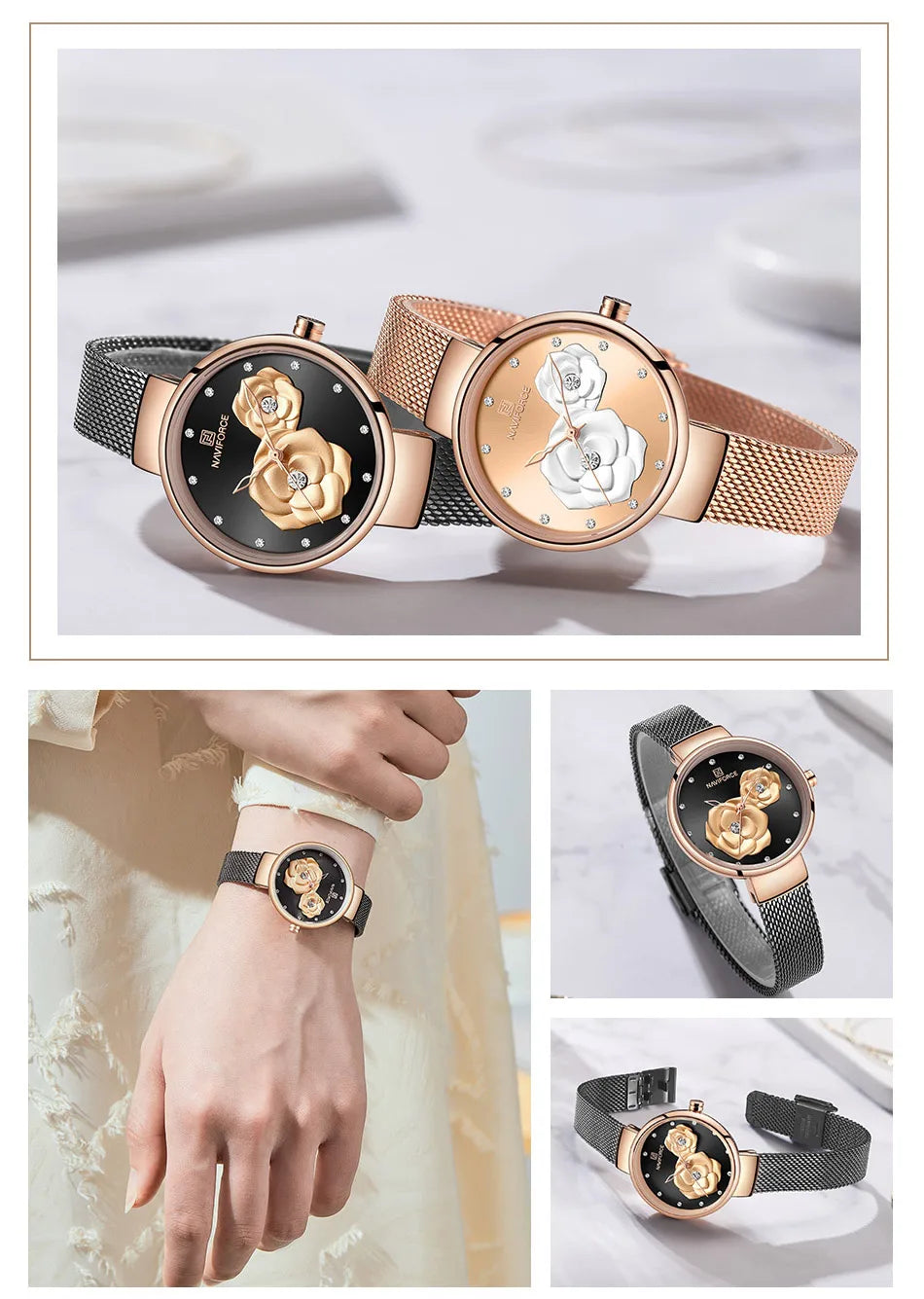 Reloj para mujer NAVIFORCE, marca de lujo superior, malla de acero, resistente al agua, relojes para mujer, reloj de pulsera femenino de cuarzo con flores, reloj encantador para chica.