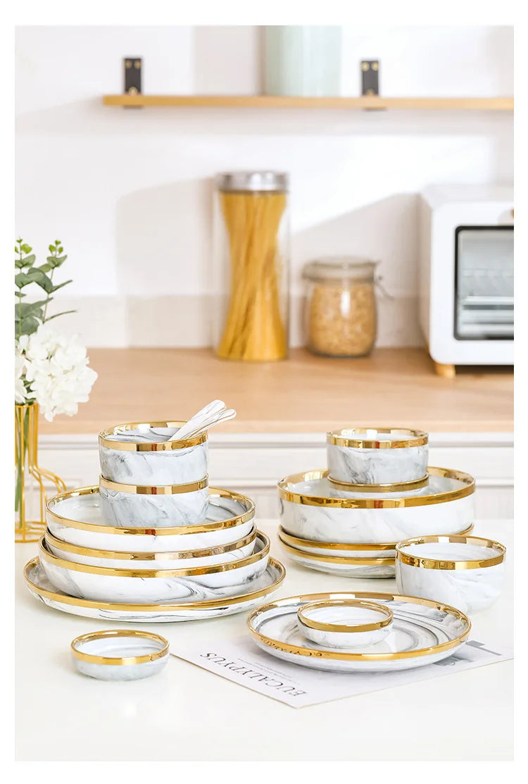 New Double-sided Gilt Rim Gray Marble Pattern Gilt Rim Porcelain Dinner Plate Set  Salad Noodles Bowl Ceramic Tableware