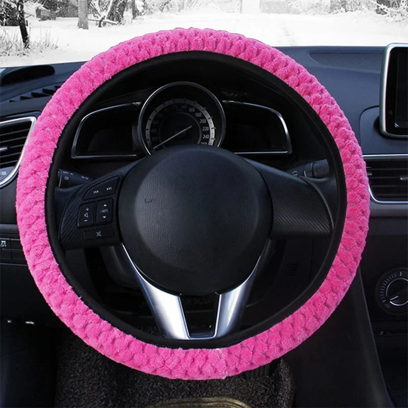 Universal 37-39cm Pink Steering Wheel Cover Warm Plush Steering Wheel Cover For Winter Anti-slip Car Accessories Interior Parts