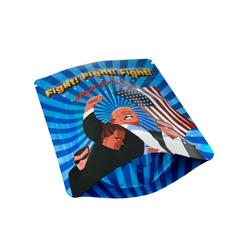 Holográfico Mylar Zip Lock Bags, Discurso da Eleição Presidencial Americana, Gráfico Engraçado Mylar Bolsas, Luta Trump 2024, 100PCs, 3.5g