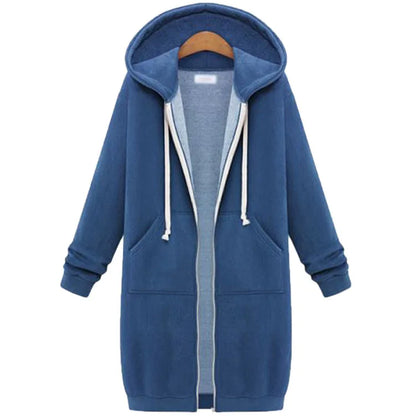 Hoodies femininos 2023 novo outono inverno espessamento solto moda cor sólida bolso design superior com capuz longo zíper camisolas casaco