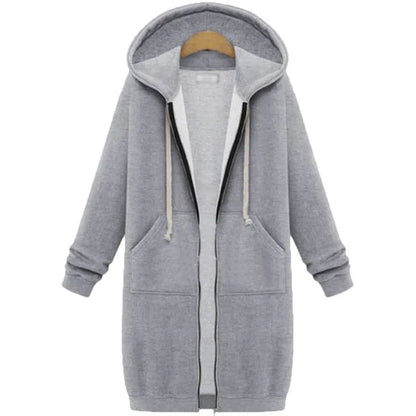 Hoodies femininos 2023 novo outono inverno espessamento solto moda cor sólida bolso design superior com capuz longo zíper camisolas casaco