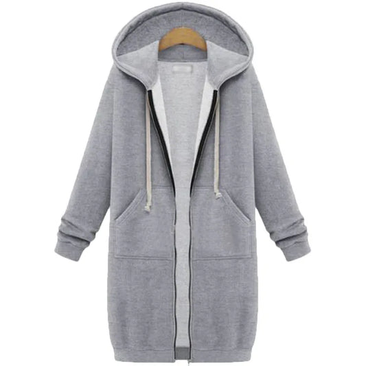 Hoodies femininos 2023 novo outono inverno espessamento solto moda cor sólida bolso design superior com capuz longo zíper camisolas casaco