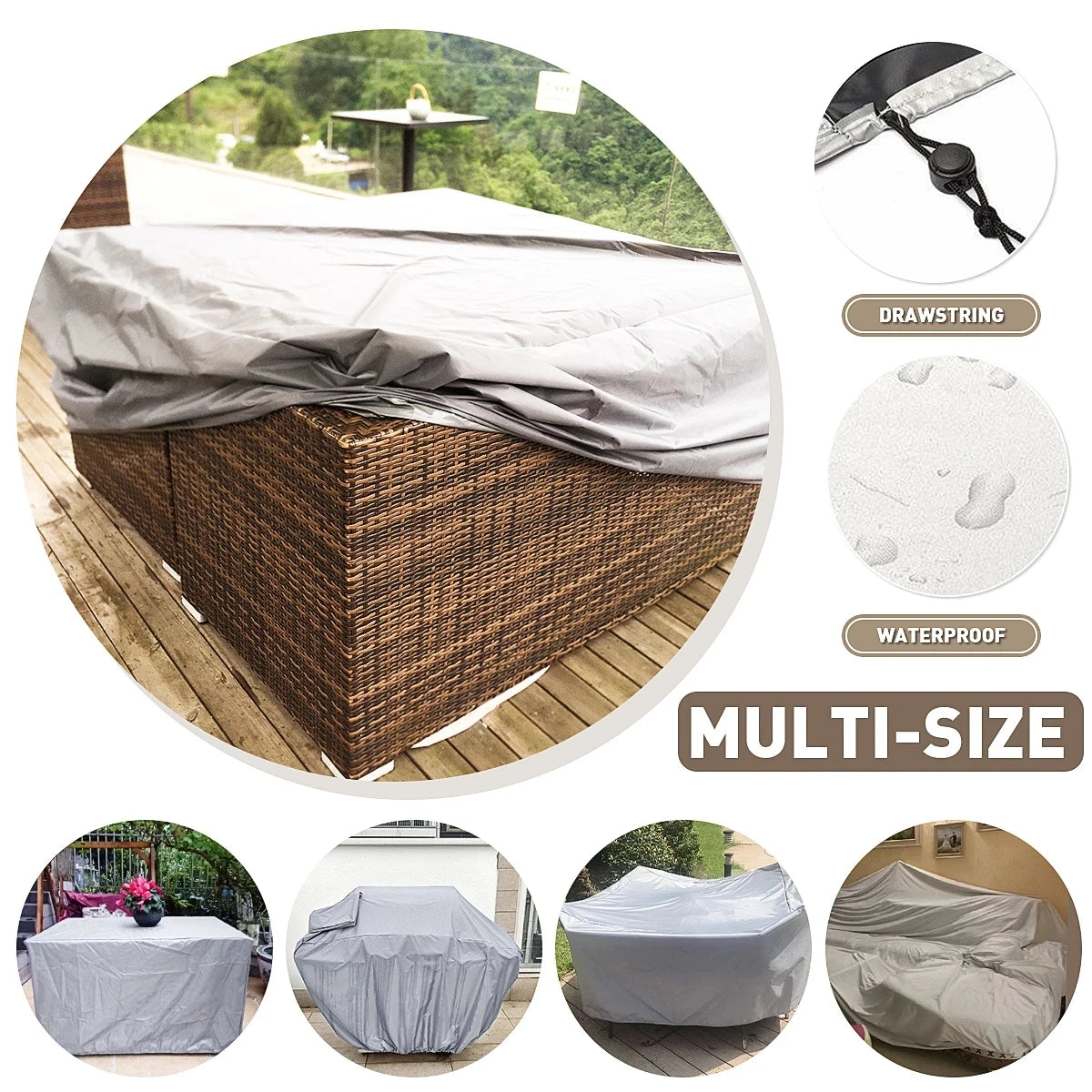 Impermeável Rain Cover para Mesa e Cadeira, Oxford Cloth, Silver, Garden Patio, Móveis Dust Cover, Mesa e Sofá, 68 Tamanhos