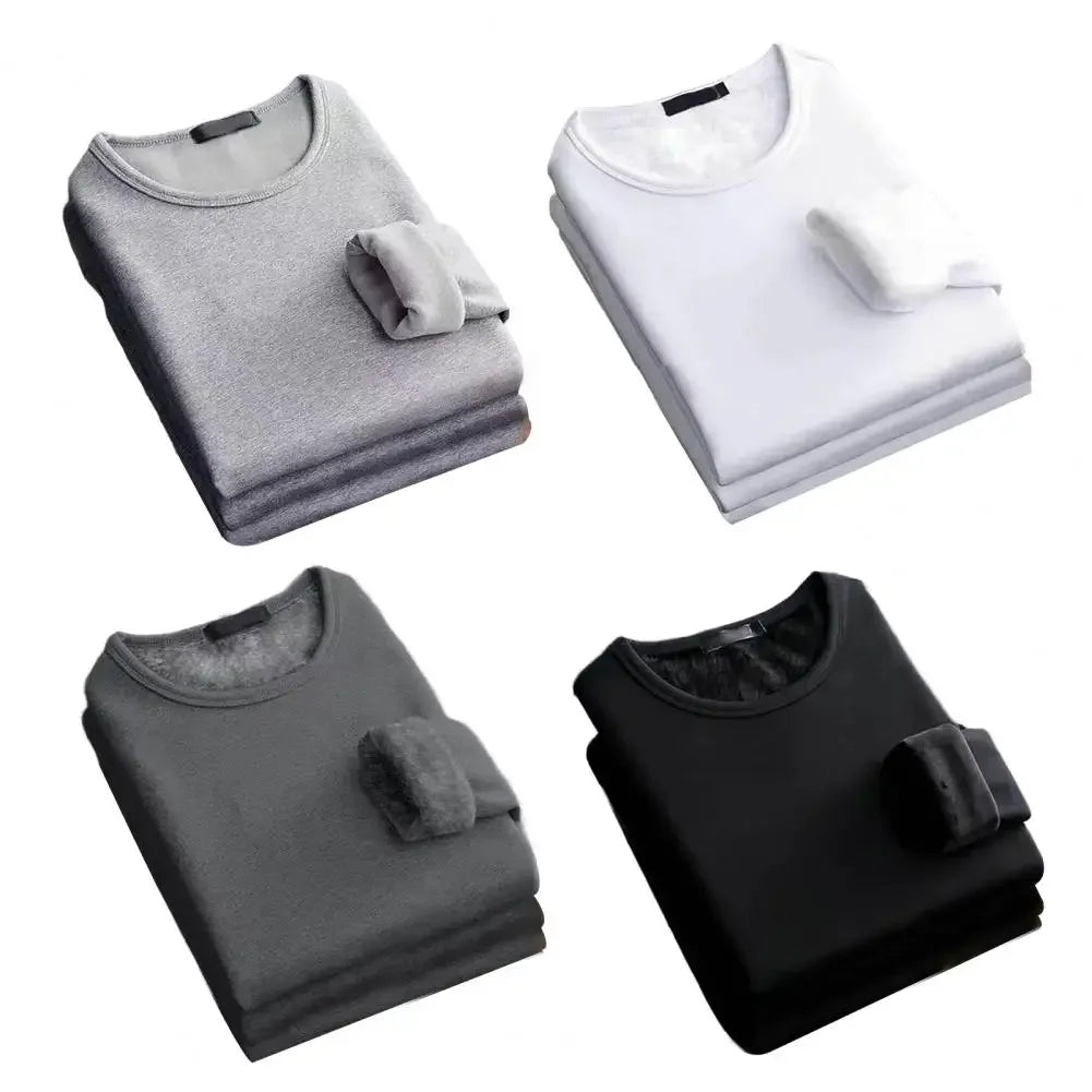 Men's Winter Long Sleeve Thermal Underwer T-shirt Fleece Bottoming Shirt Round Neck Fashion Plus Velvet Padded T-shirt 