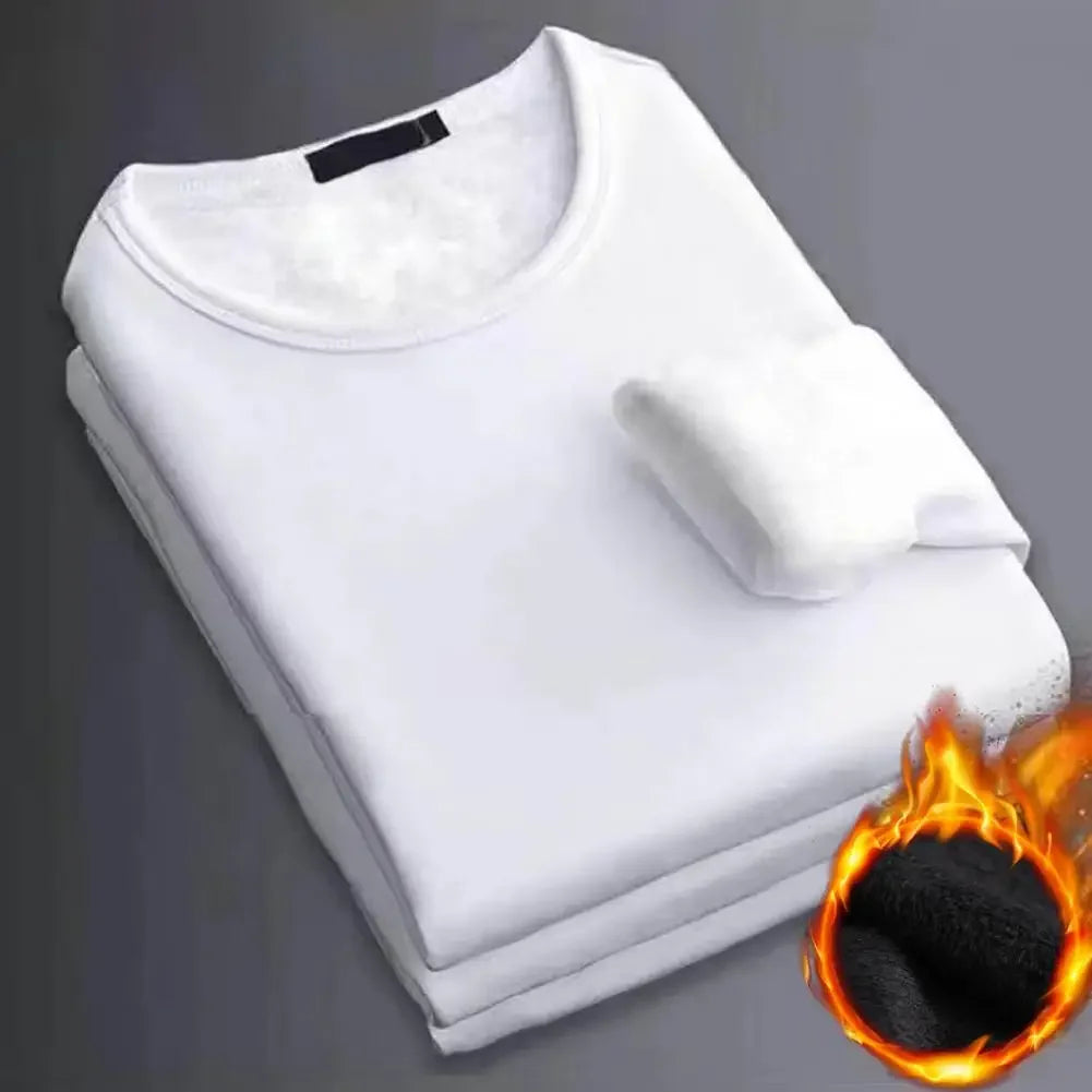 Men's Winter Long Sleeve Thermal Underwer T-shirt Fleece Bottoming Shirt Round Neck Fashion Plus Velvet Padded T-shirt 