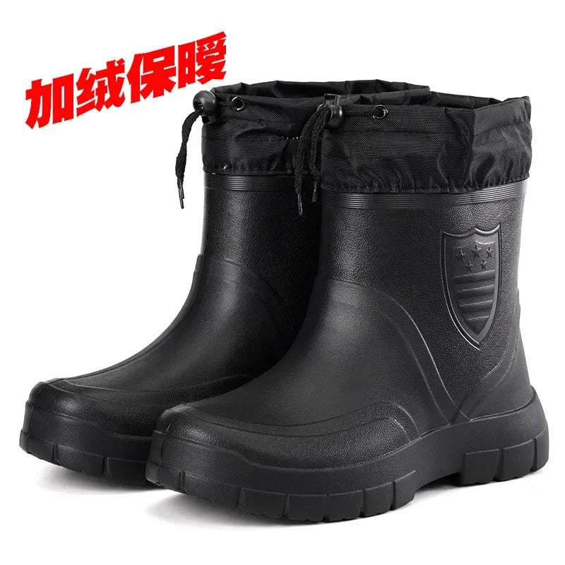 Winter Windproof Cotton Rain Boots Men Light Warm Ankle Rain Boots Fashion Black Slip On Rain Shoes Men Waterproof Work Boot2024 