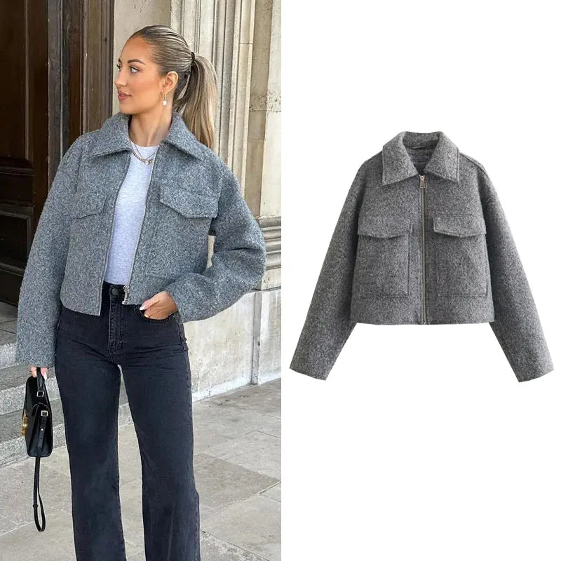 TRAF women's zip-up jacket, short coat, tweed coat, demi-season coat, new for autumn and winter 