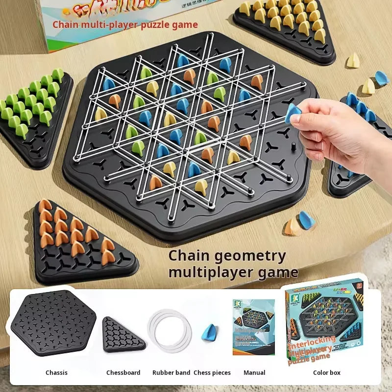 Jogo de xadrez triangular com elástico, jogo de batalha triangular, jogo educativo e interativo presente para festa em família