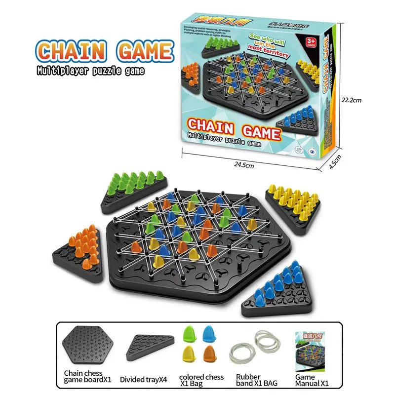 Jogo de xadrez triangular com elástico, jogo de batalha triangular, jogo educativo e interativo presente para festa em família