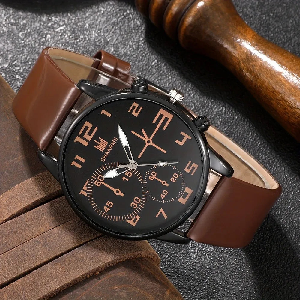 Kegllect-5pcs Men's Round Dial Quartz Watch Leather Strap Bracelet Set Ideal Gift Choice No Box 