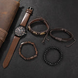 Kegllect-5pcs Men's Round Dial Quartz Watch Leather Strap Bracelet Set Ideal Gift Choice No Box 