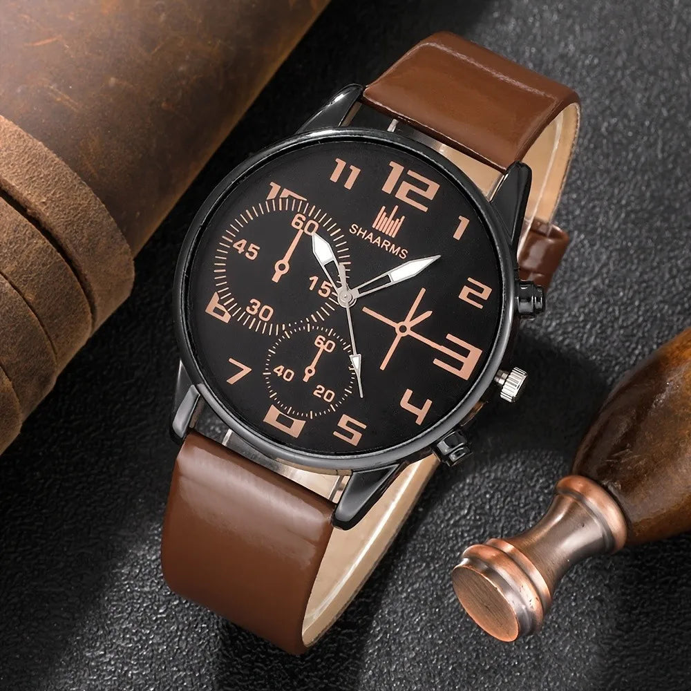Kegllect-5pcs Men's Round Dial Quartz Watch Leather Strap Bracelet Set Ideal Gift Choice No Box 