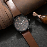 Kegllect-5pcs Men's Round Dial Quartz Watch Leather Strap Bracelet Set Ideal Gift Choice No Box 