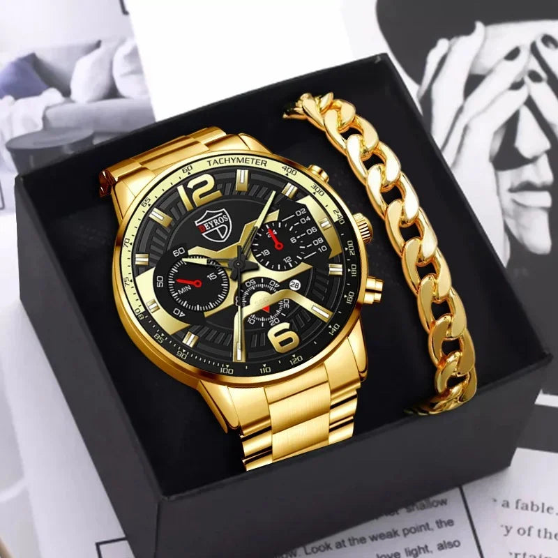 Kegllect Relógios masculinos Relógio cronógrafo de negócios Relógio de pulso de quartzo de aço inoxidável dourado de luxo