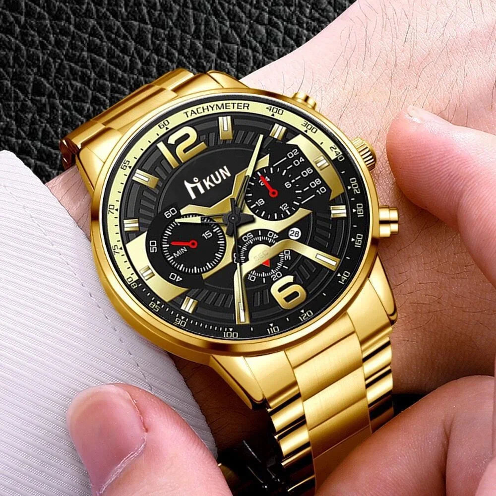 Kegllect Relógios masculinos Relógio cronógrafo de negócios Relógio de pulso de quartzo de aço inoxidável dourado de luxo
