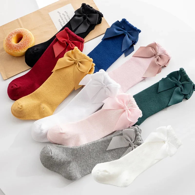 Knee High Princess Socks infantil, material de bebê, recém-nascido, infantil, meias, arco, algodão, Mid-tube, crianças, meninas, outono, inverno